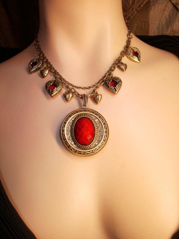 Valentine RED Locket Necklace Heart Charms fobs GOddess Minerva portrait Believe charm