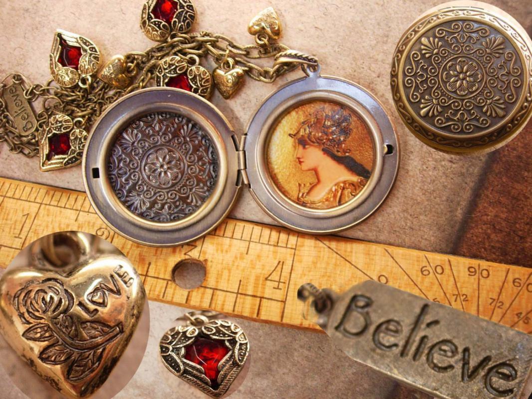 Valentine RED Locket Necklace Heart Charms fobs GOddess Minerva portrait Believe charm