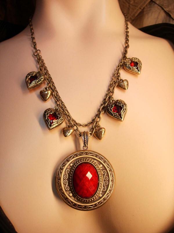 Valentine RED Locket Necklace Heart Charms fobs GOddess Minerva portrait Believe charm