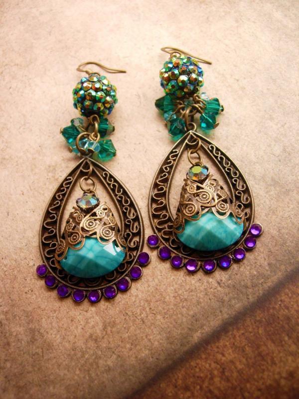 Bohemian Purple Rhinestones Earrings Turquoise Gypsy dangle drops
