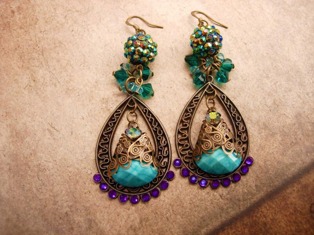 Bohemian Purple Rhinestones Earrings Turquoise Gypsy dangle drops
