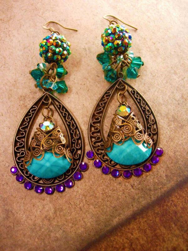 Bohemian Purple Rhinestones Earrings Turquoise Gypsy dangle drops