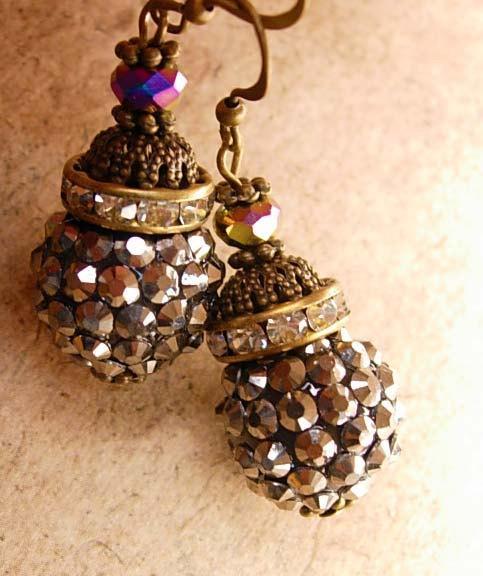 Sparkling Marcasite Rhinestone Drop earrings Aurora borealis glass