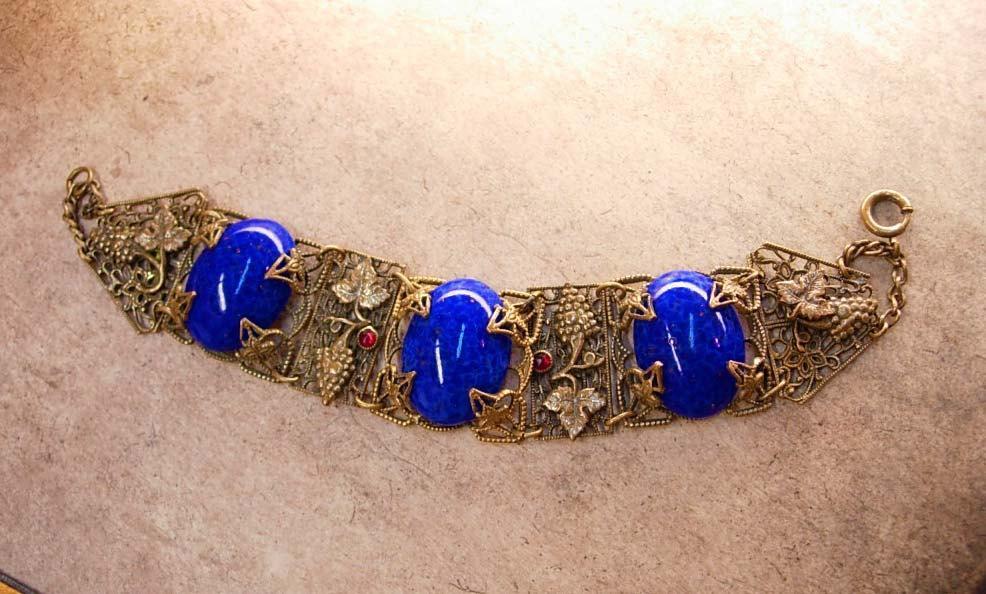 Antique Blue Czech Bracelet beautiful Filigree with raised Grape design