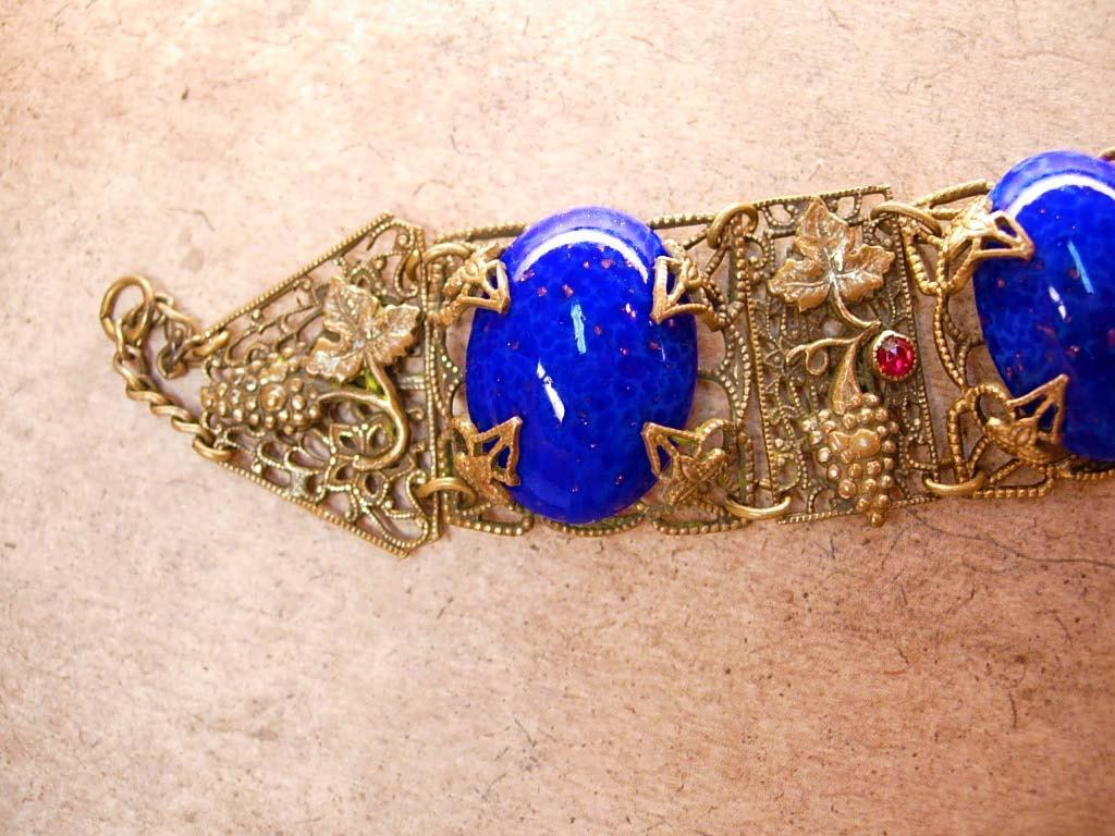 Antique Blue Czech Bracelet beautiful Filigree with raised Grape design