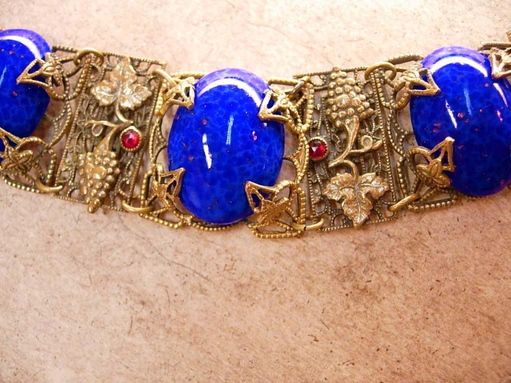Antique Blue Czech Bracelet beautiful Filigree with raised Grape design
