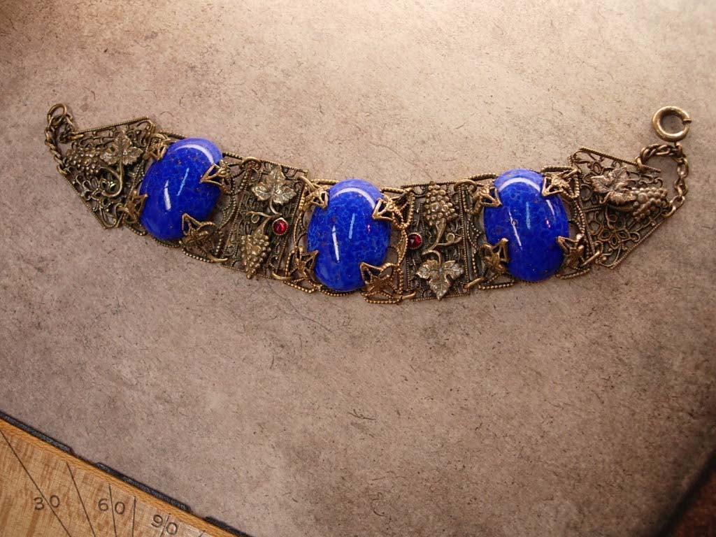 Antique Blue Czech Bracelet beautiful Filigree with raised Grape design