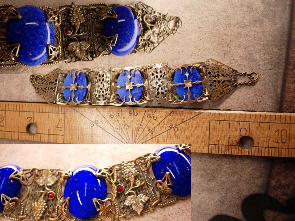Antique Blue Czech Bracelet beautiful Filigree with raised Grape design