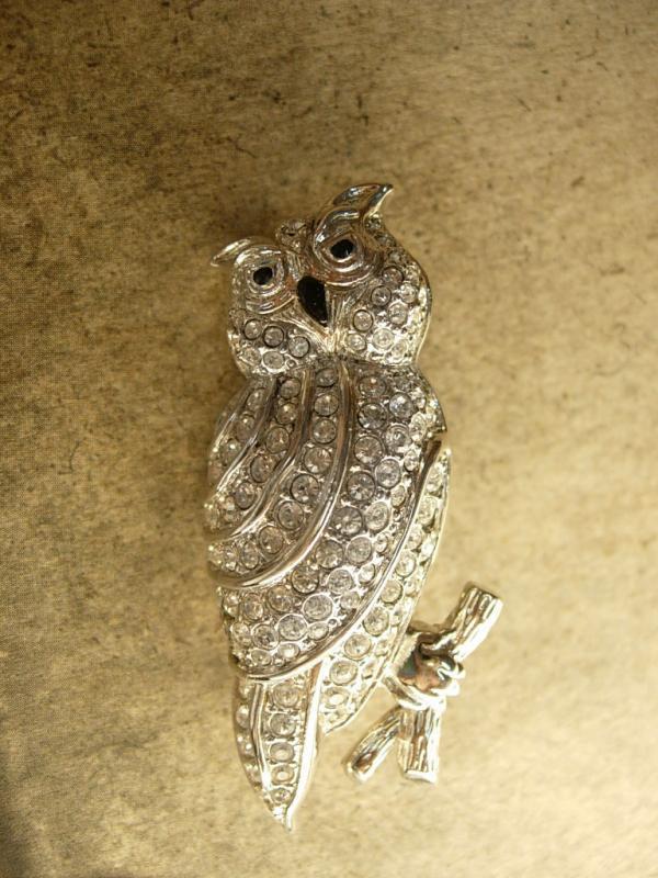 Vintage Pave rhinestone owl brooch Signed Swarovski