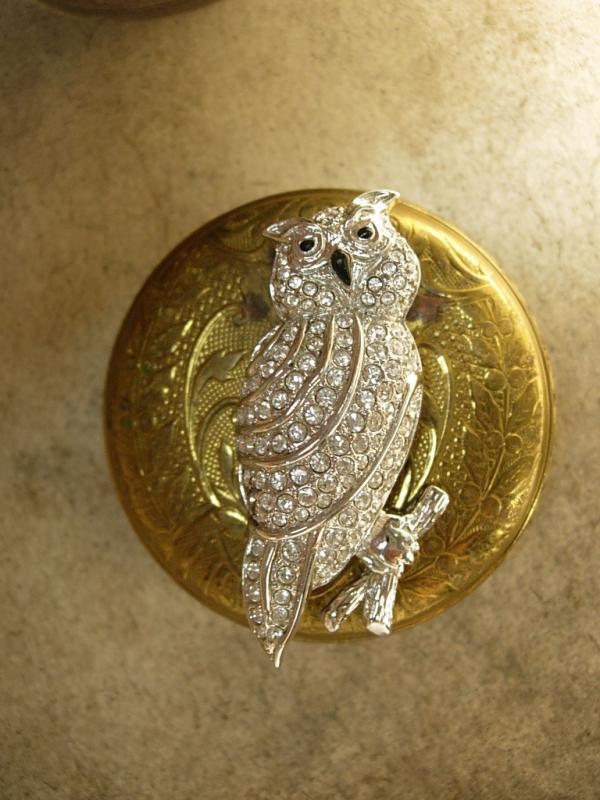 Vintage Pave rhinestone owl brooch Signed Swarovski
