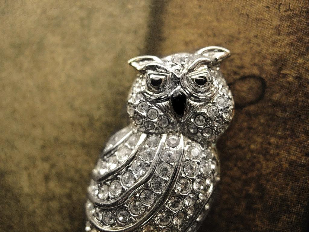 Vintage Pave rhinestone owl brooch Signed Swarovski
