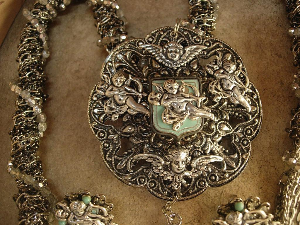 Victorian Cherubs Enamel vintage necklace and earrings Gothic cross