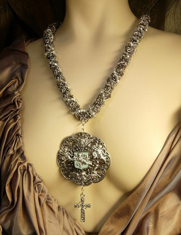 Victorian Cherubs Enamel vintage necklace and earrings Gothic cross