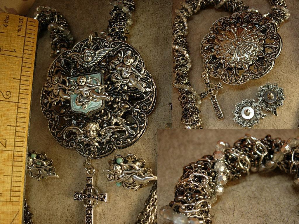 Victorian Cherubs Enamel vintage necklace and earrings Gothic cross