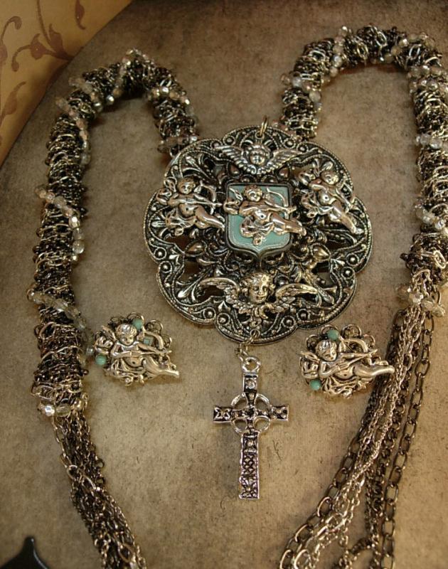 Victorian Cherubs Enamel vintage necklace and earrings Gothic cross
