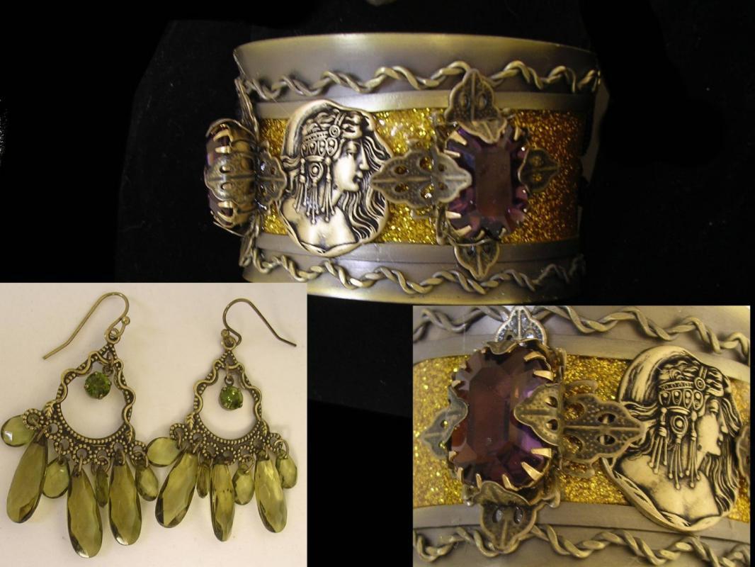 Egyptian bohemian purple rhinestone gothic bracelet and chandelier earrings