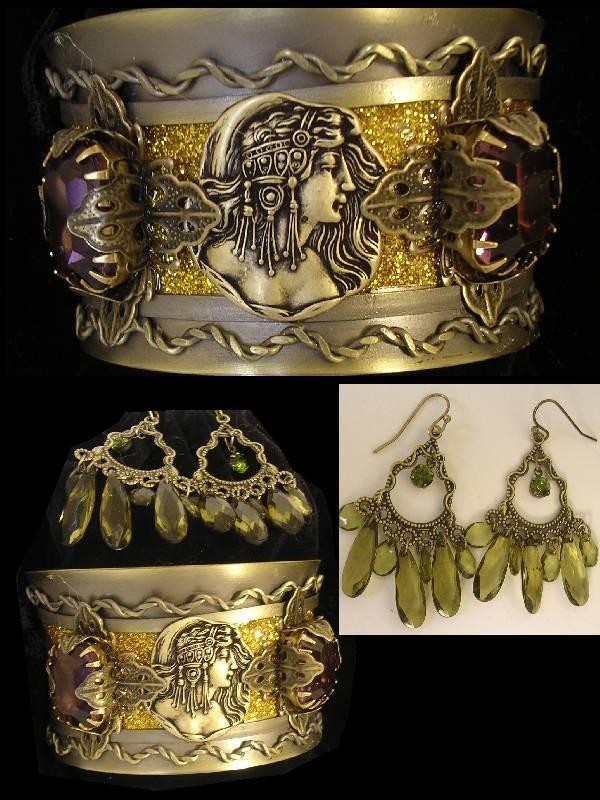 Egyptian bohemian purple rhinestone gothic bracelet and chandelier earrings