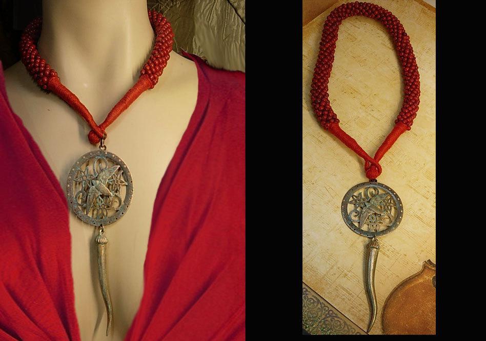 DIvine Red Coral Talisman necklace huge pendant