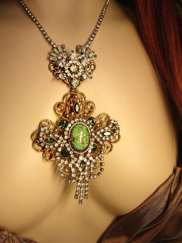 Queens Jewels Baroque necklace and earrings Dripping in Rhinestone Green Chandelier OOAK