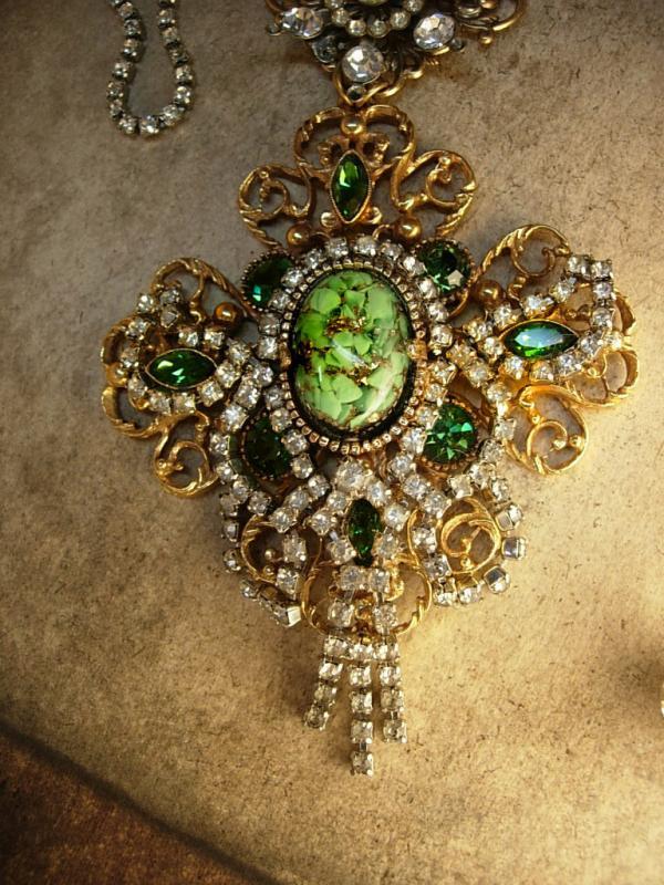 Queens Jewels Baroque necklace and earrings Dripping in Rhinestone Green Chandelier OOAK
