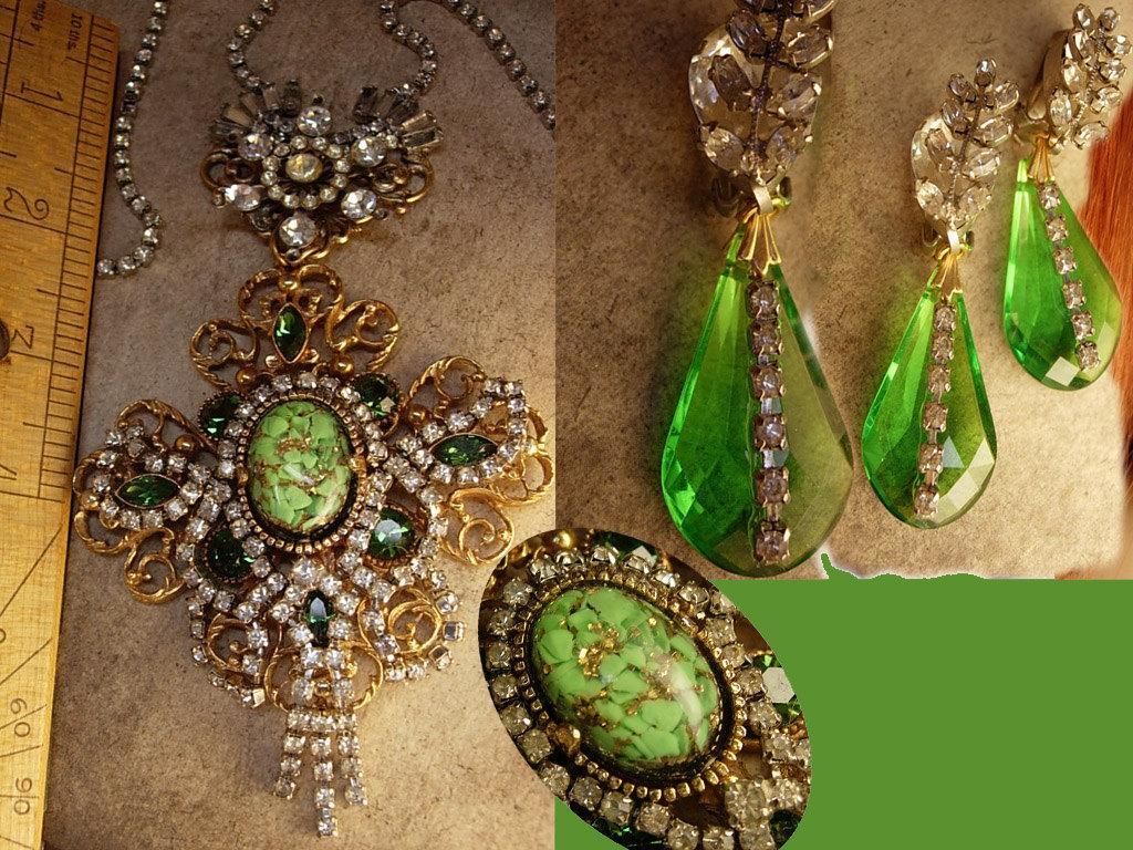 Queens Jewels Baroque necklace and earrings Dripping in Rhinestone Green Chandelier OOAK