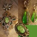 Queens Jewels Baroque necklace and earrings Dripping in Rhinestone Green Chandelier OOAK