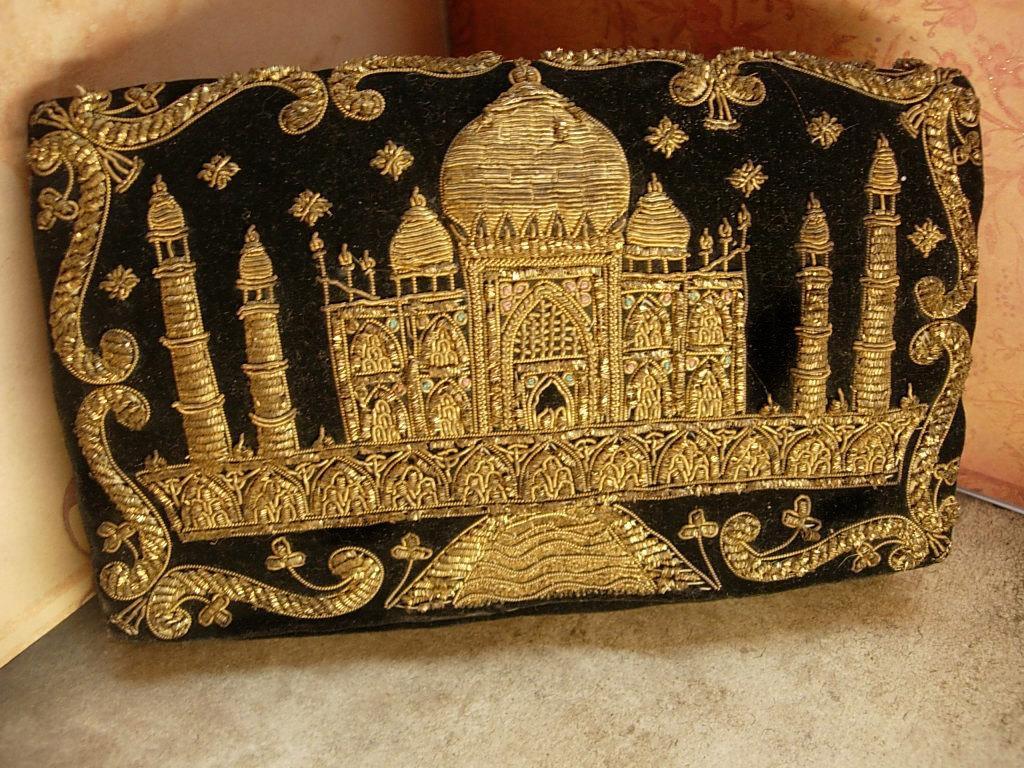 VIntage Taj Mahal purse hand embroidered in golden thread Persian clutch