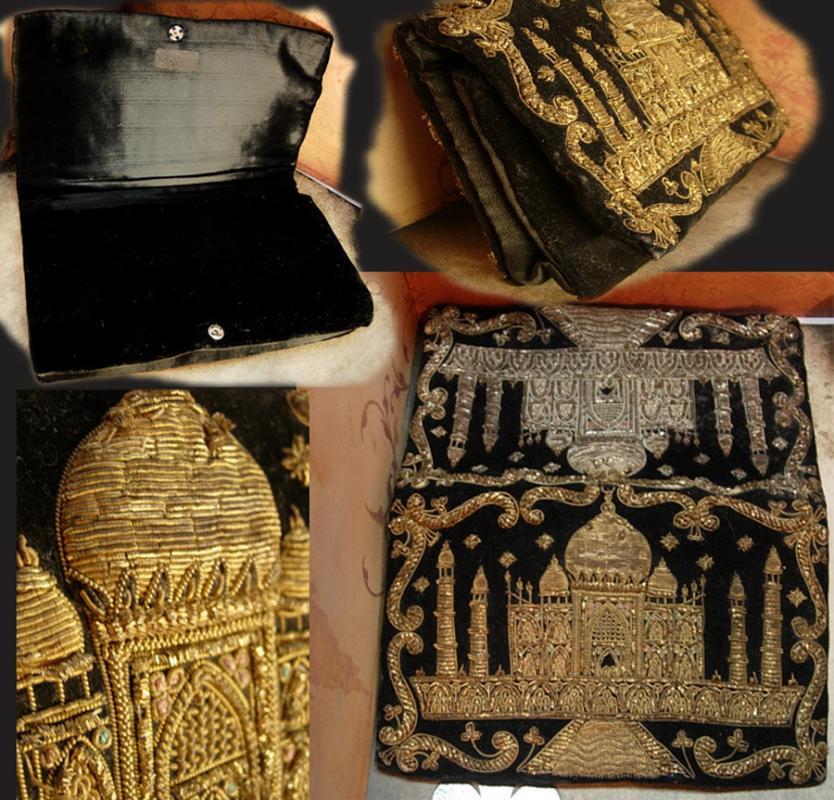 VIntage Taj Mahal purse hand embroidered in golden thread Persian clutch