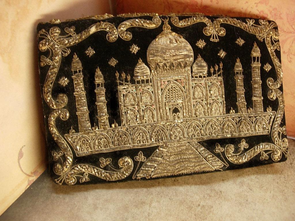 VIntage Taj Mahal purse hand embroidered in golden thread Persian clutch