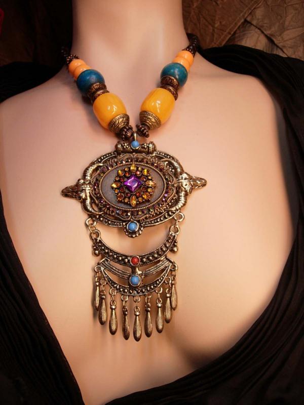 Rhinestone Statement Gypsy Necklace HUGE tasseled pendant Bohemian beaded