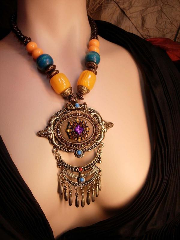 Rhinestone Statement Gypsy Necklace HUGE tasseled pendant Bohemian beaded