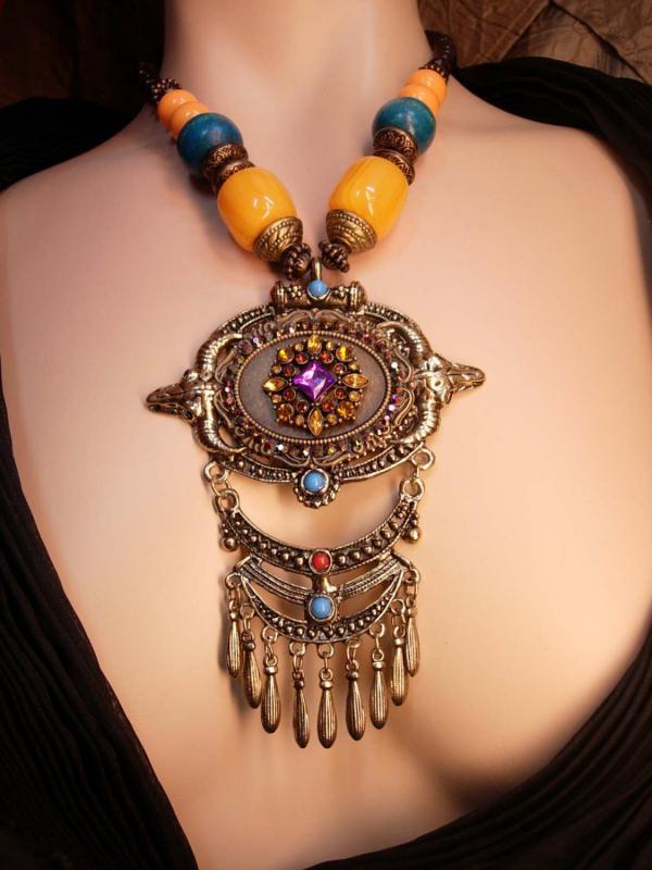 Rhinestone Statement Gypsy Necklace HUGE tasseled pendant Bohemian beaded
