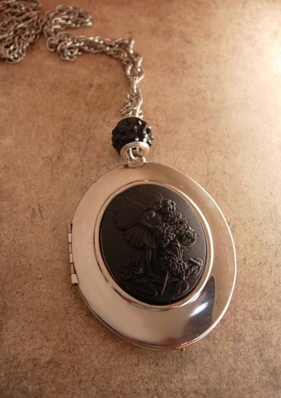 Whimsical Fairy Cameo Locket necklace Flapper era portrait child with fairy costume