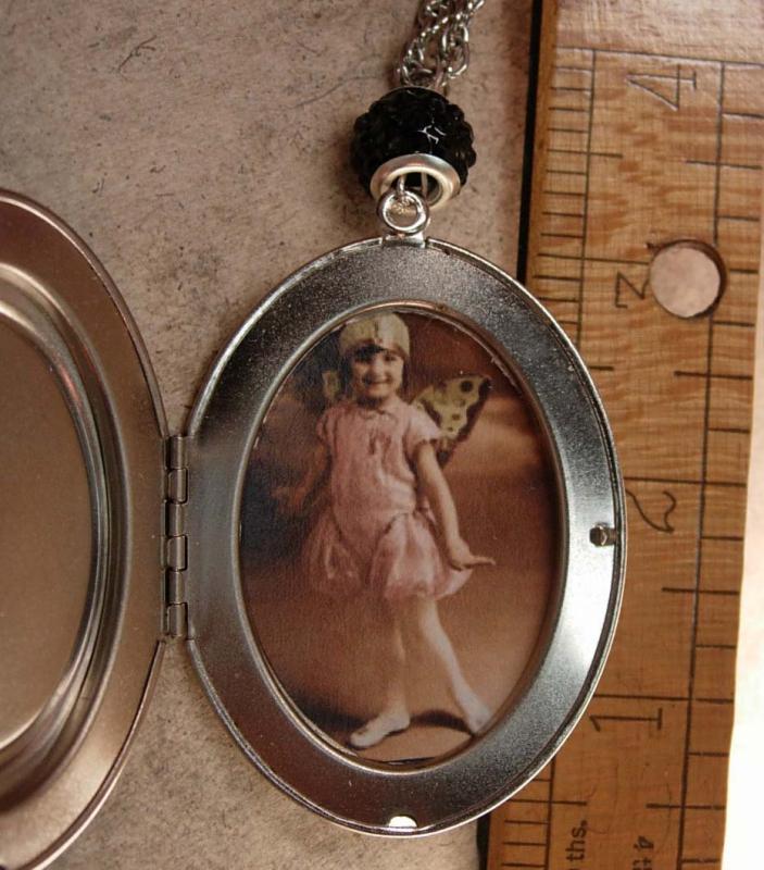Whimsical Fairy Cameo Locket necklace Flapper era portrait child with fairy costume