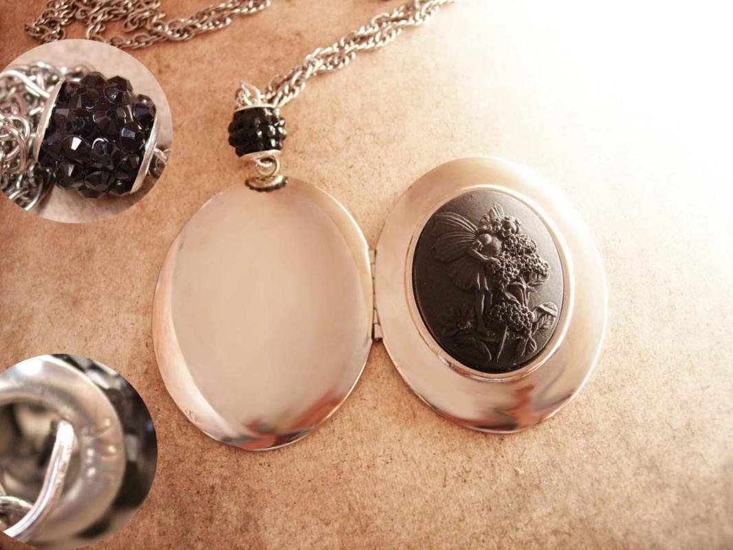 Whimsical Fairy Cameo Locket necklace Flapper era portrait child with fairy costume