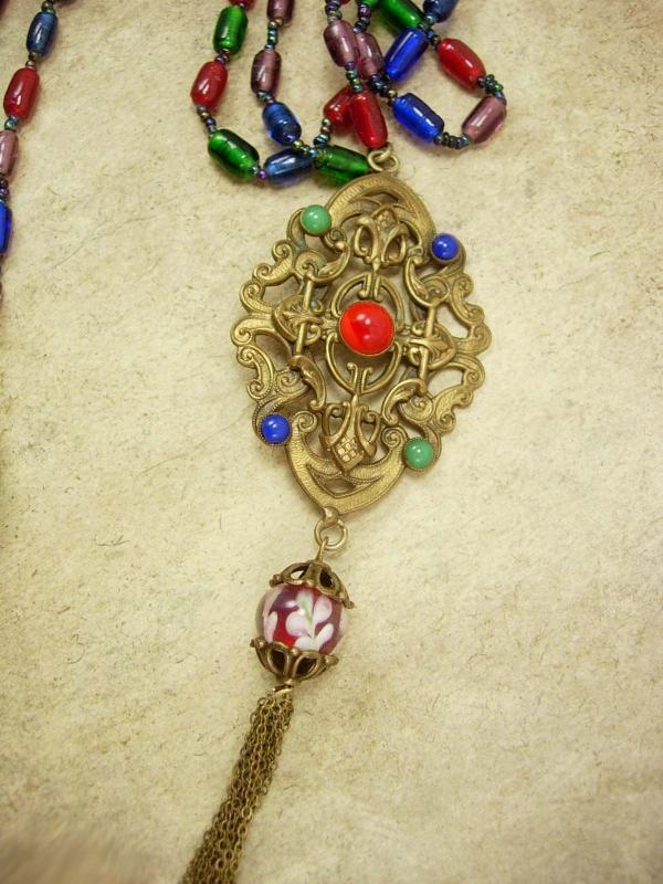 VIntage Czech RED Glass Pendant necklace with chain tassel and blown glass bead