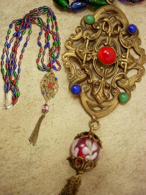 VIntage Czech RED Glass Pendant necklace with chain tassel and blown glass bead