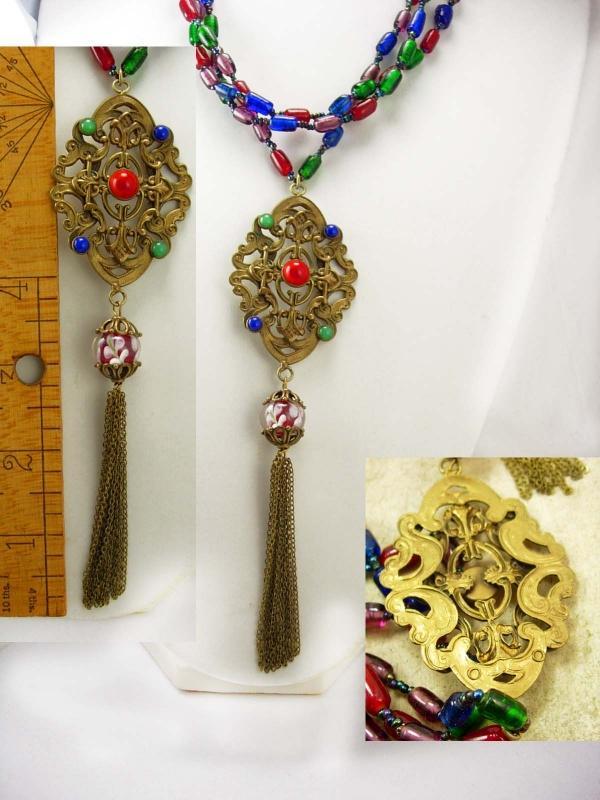 VIntage Czech RED Glass Pendant necklace with chain tassel and blown glass bead