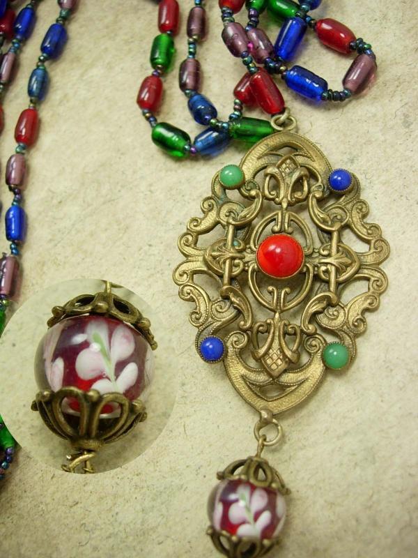 VIntage Czech RED Glass Pendant necklace with chain tassel and blown glass bead