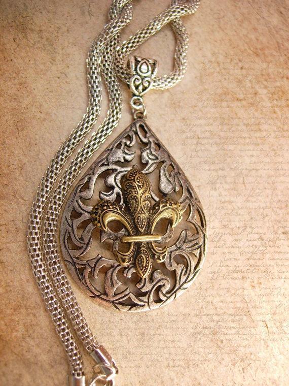 Gothic medieval Fleur de lis Necklace with Snake chain
