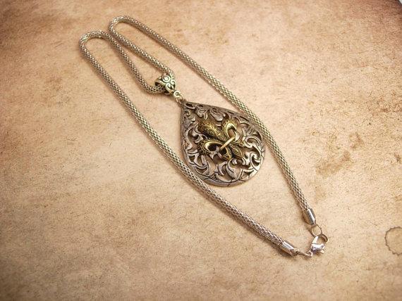 Gothic medieval Fleur de lis Necklace with Snake chain