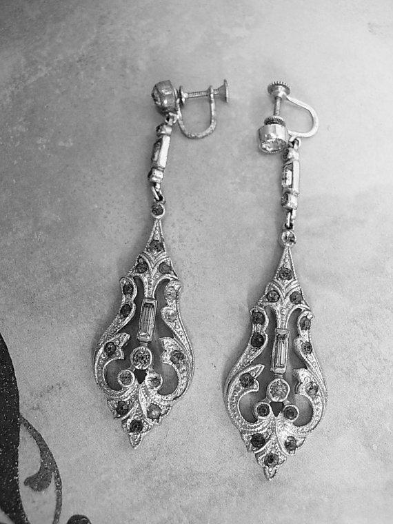 ANtique Art deco Paste Dangle Earrings Rhodium drops Screw backs