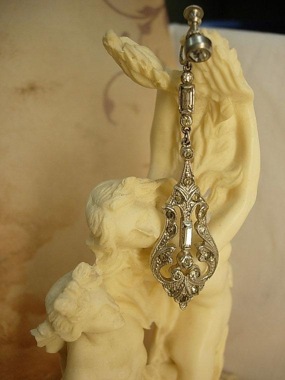 ANtique Art deco Paste Dangle Earrings Rhodium drops Screw backs