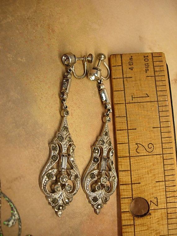 ANtique Art deco Paste Dangle Earrings Rhodium drops Screw backs