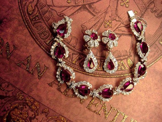Vintage rhinestone bracelet Stunning Cranberry Glass earrings fit for a queen