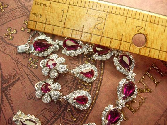 Vintage rhinestone bracelet Stunning Cranberry Glass earrings fit for a queen