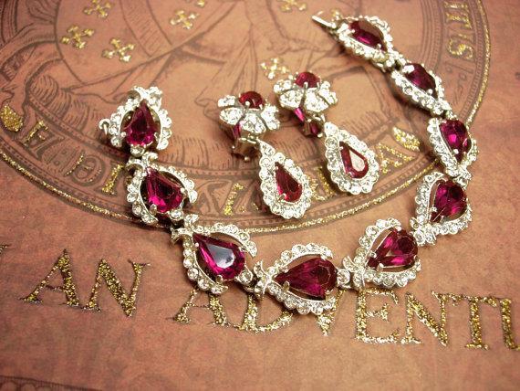 Vintage rhinestone bracelet Stunning Cranberry Glass earrings fit for a queen