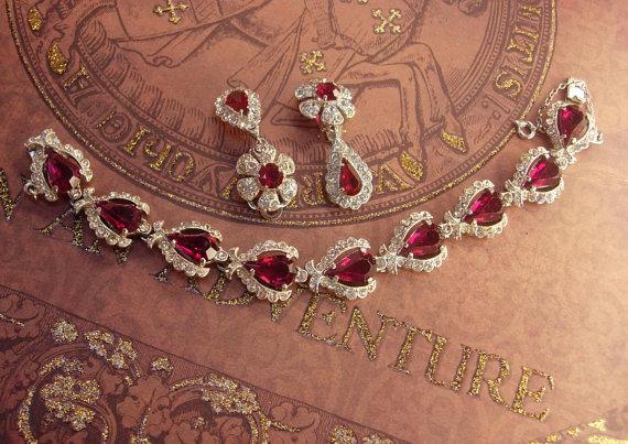 Vintage rhinestone bracelet Stunning Cranberry Glass earrings fit for a queen