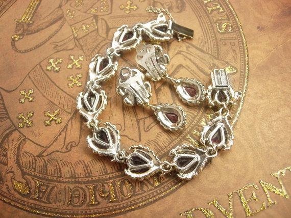 Vintage rhinestone bracelet Stunning Cranberry Glass earrings fit for a queen