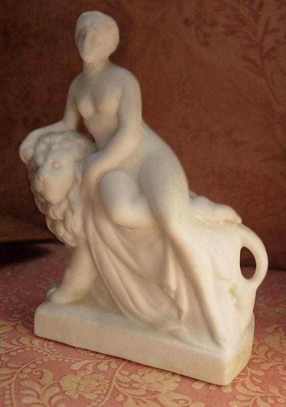 ANtique German Bisque Nude on a lion Miniature statue of Una and the Lion Faerie Queen